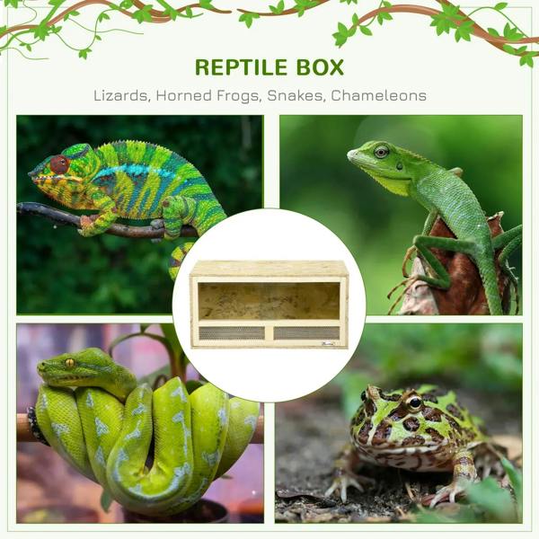 Reptile terrarium feature graphic showing small clear sliding window and mesh vent