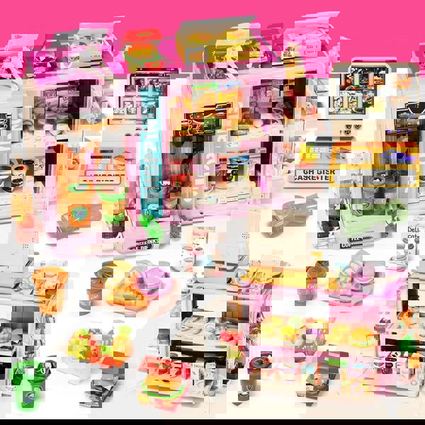 deAO Toys Deluxe Kids Grocery Store Playset with Coffee Machine & Cash Register Pretend Supermarket Toy with Accesories (Pink)