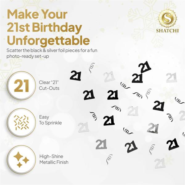 21st Birthday Black and Silver Confetti Decoration Set, Foil Metallic Table Scatter in 1, 2 or 4 Pack Options image 5