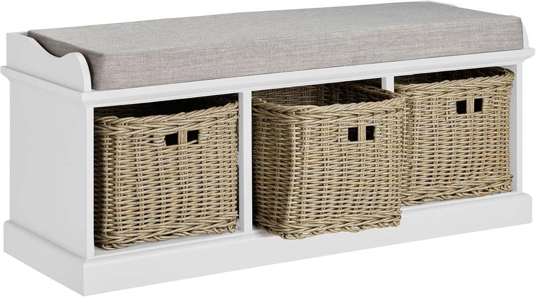 Statement Furniture Tetbury White Storage Bench with 3 Strong Wicker Baskets and Cushion Seat Assembled