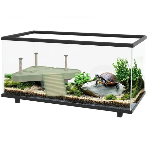 Glass turtle tank with black frame, basking platform, ramp, and live turtle inside
