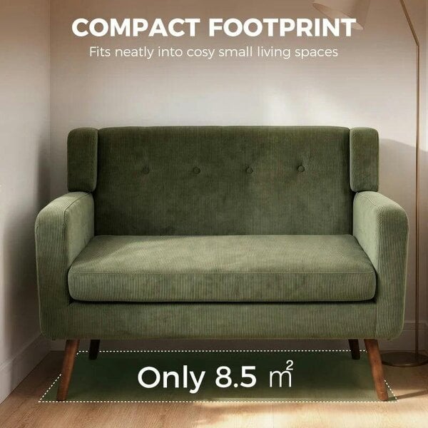2 Seater Sofa, 118 cm Corduroy Small Loveseat with Spring Cushion, Wood Legs for Small Space, Living Room, Dark Green