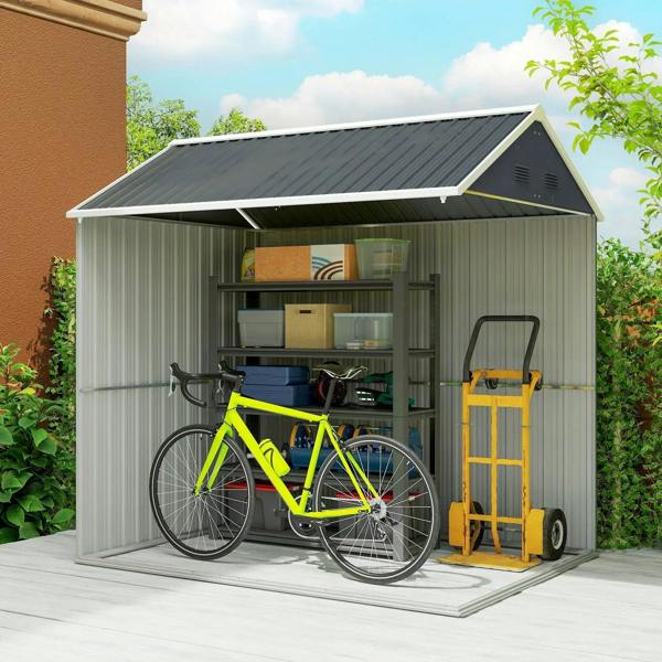 Dark grey garden shed with open front for tool and bike storage