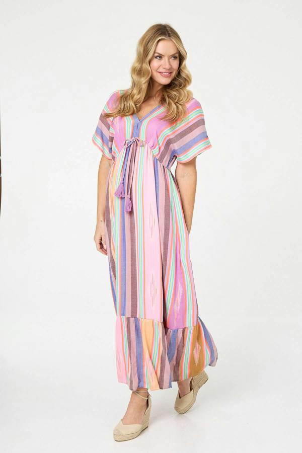 Pink | Striped 1/2 Sleeve Empire Maxi Dress