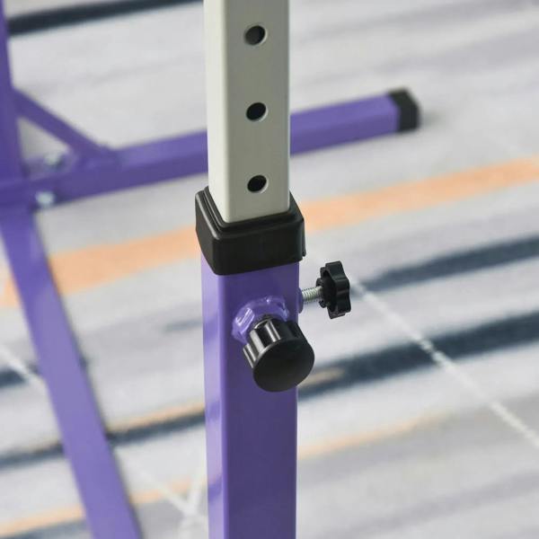 Purple gymnastics bar adjustment clamp with black knob and height hole plate