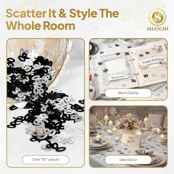 90th Birthday Black and Silver Foil Confetti Family Pack for Table Decoration image 6