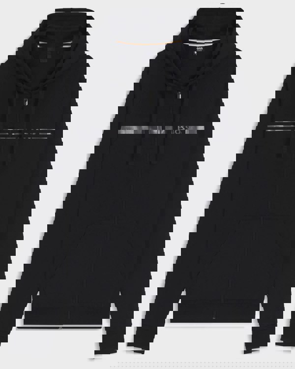 BOSS Orange Authentic Mens Cotton Terry Hoodie with Logo and Stripe- Black 001