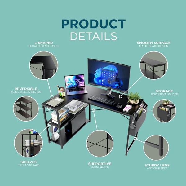 DMD Collective DeskMate L-Shaped Desk – Reversible Corner Desk with Storage Shelves