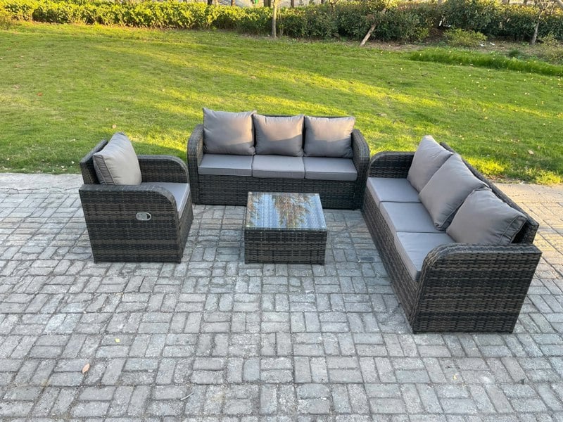 Fimous Outdoor Rattan Garden Furniture Set Conservatory Patio Sofa Coffee Table With Reclining Chair Dark Grey Mixed
