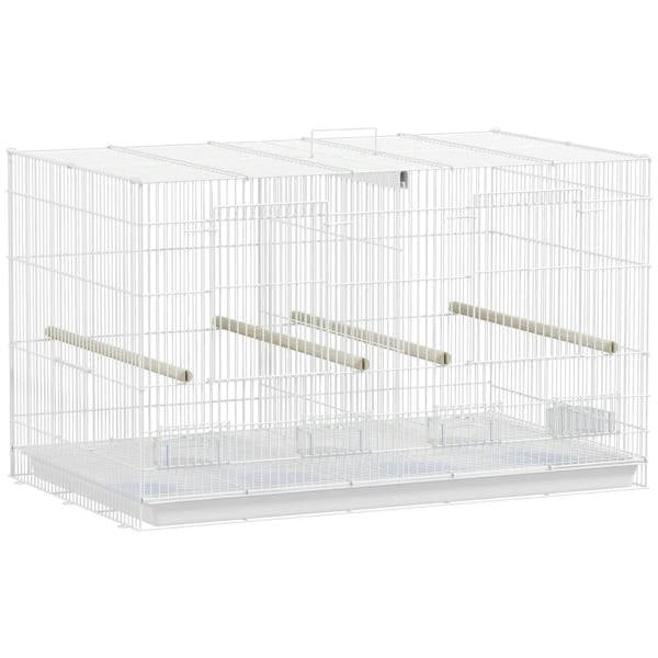 White wire bird cage with divider, four wooden perches and front slide-out tray