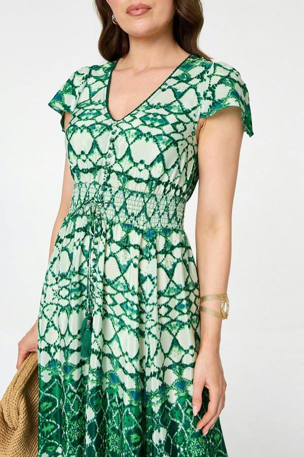 Green | Abstract Cap Sleeve Shirred Maxi Dress