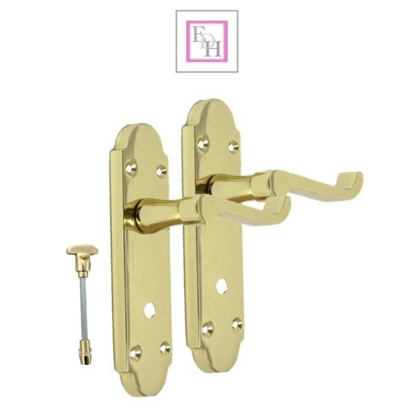 EDH Door Hardware Brass Finish Epsom Victorian Scroll on Shaped Back Plate Lock Door Handle