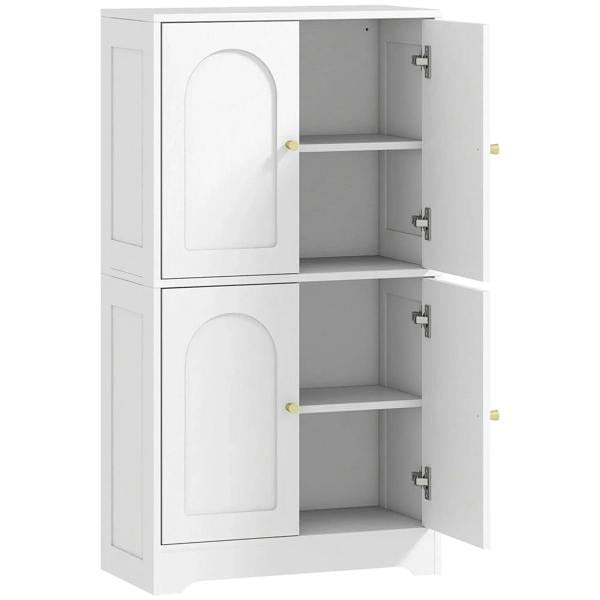 White 4-door kitchen storage cabinet with adjustable shelves, open doors and inner shelves