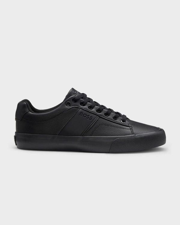 BOSS Orange Aiden Tenn Mens Faux-Leather Trainers with Plain and Grained Textures  - Black 005