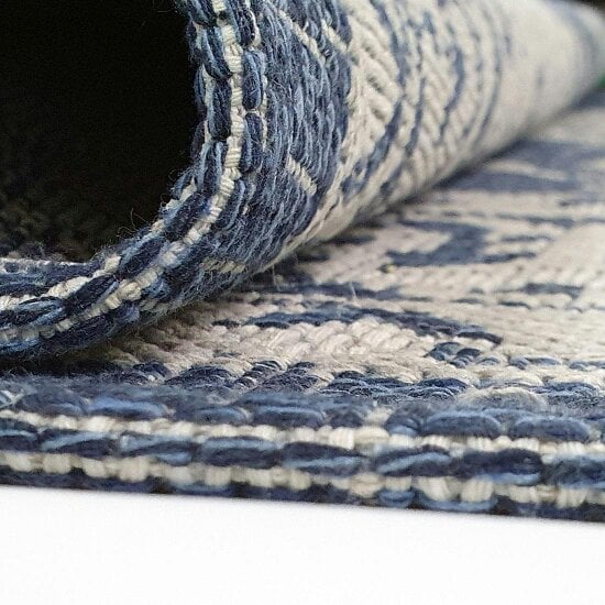 Cotton Rug Machine Washable Navy Blue Grey Oriental Pattern Flat Weave Carpet Runner Large Small