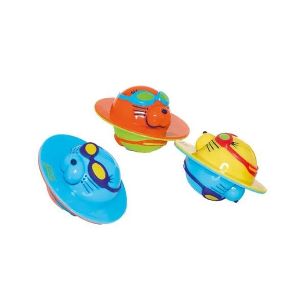 Playful Zoggs Seal Flips UFO bath toys in blue, orange, yellow