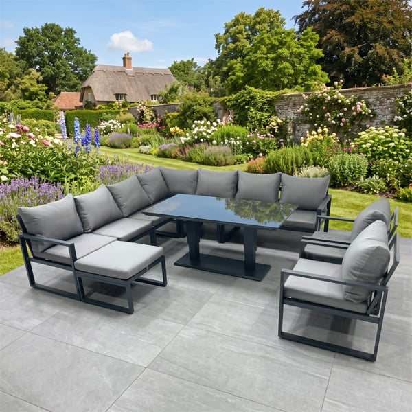 Fimous 10 Seater Outdoor Aluminum Garden Furniture Set Corner Sofa Big Footstool 2 Chairs Adjustable Rising Lifting Dining Table Sets Dark Grey