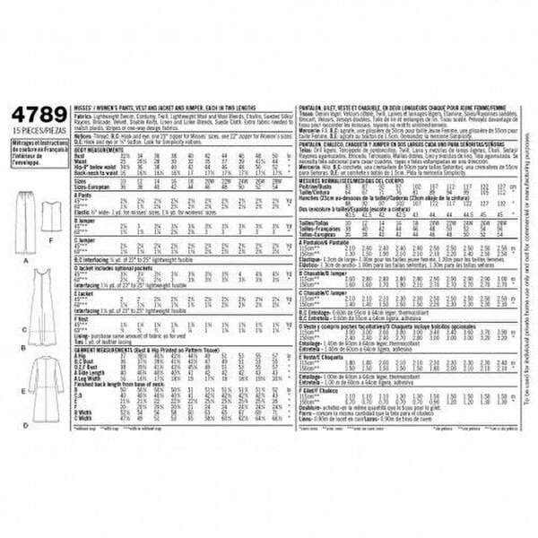 Simplicity Sewing Pattern 4789, Coats, Waistcoats, Dresses, Jackets, Trousers for Women, 10-12-14-16-18 - Intermediate