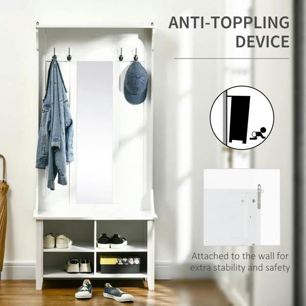 White wall-mounted coat rack cabinet with mirror, four hooks, and inner shoe compartments