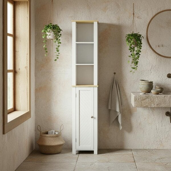 Wyld Haus Nifael Slim Bathroom Storage Cabinet With OFauxn Compartment And Adjustable Shelves White 34 x 23 x 165 cm