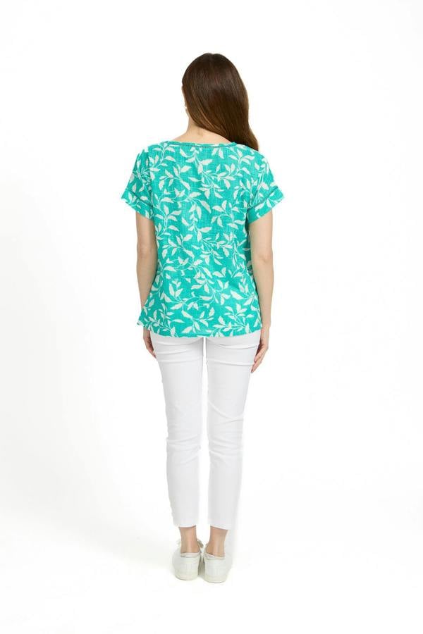 Mudflower Leaf Print Ladder Trim Top