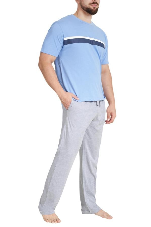 Smart Living Mens Striped Tee and Wide-Leg Pyjama Set - Blue/Grey