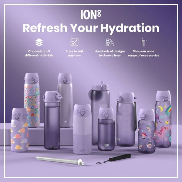 Several lavender-colored water bottles, varying in size and design, are displayed on a lavender surface. Some bottles feature child-friendly illustrations; others are plain. The background advertises choices in materials, sizes, and designs for ION8 hydration bottles.