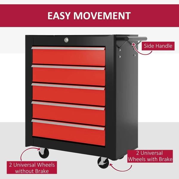 Red 5-drawer steel tool chest with side handle and caster wheels