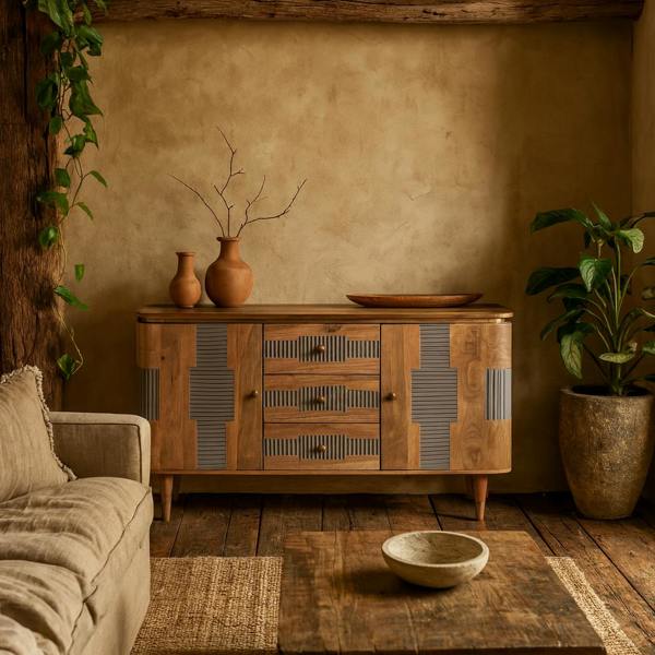 Wyld Haus Idaho Natural Acacia Wood and Brass Sideboard with 3 Drawers and 2 Doors