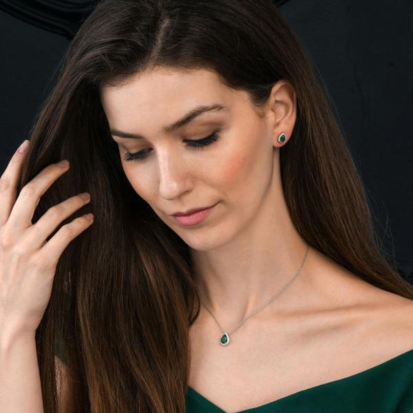 namana 925 Sterling Silver Pear Drop Green Halo Pendant Necklace for Women