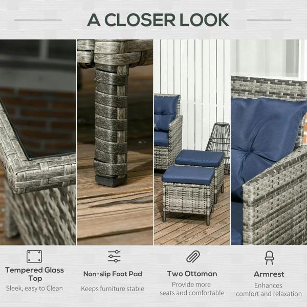 Outdoor rattan set detail: tempered glass table top and cushioned ottoman seats