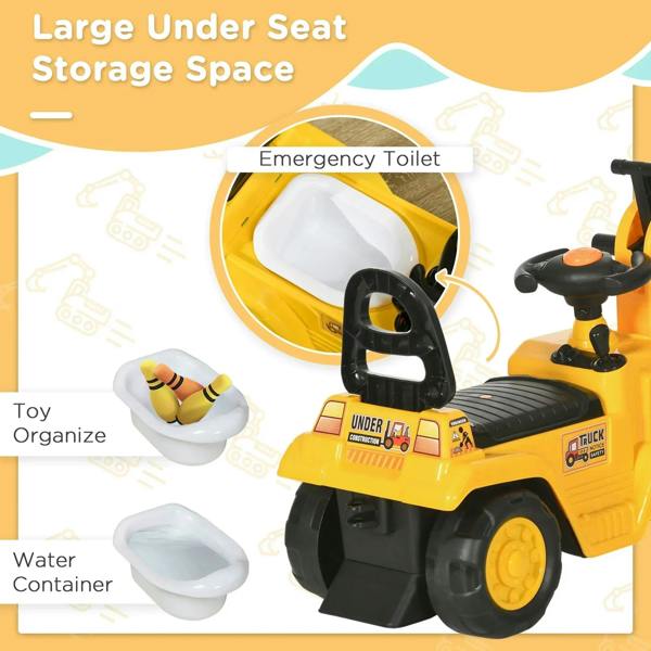 Yellow ride-on excavator tractor pull cart with under-seat storage opening and bucket