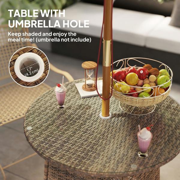 Wyld Haus Rotasa Rattan Brown Outdoor Rpund Coffee Table With Tempered Glass Top And Parasol Hole