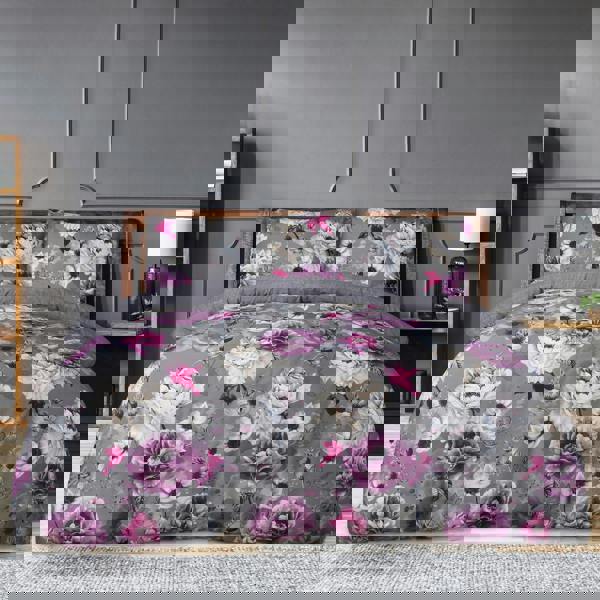 Smart Living Reversible Polycotton Inky Floral Duvet Cover and Pillowcase Set - Grey