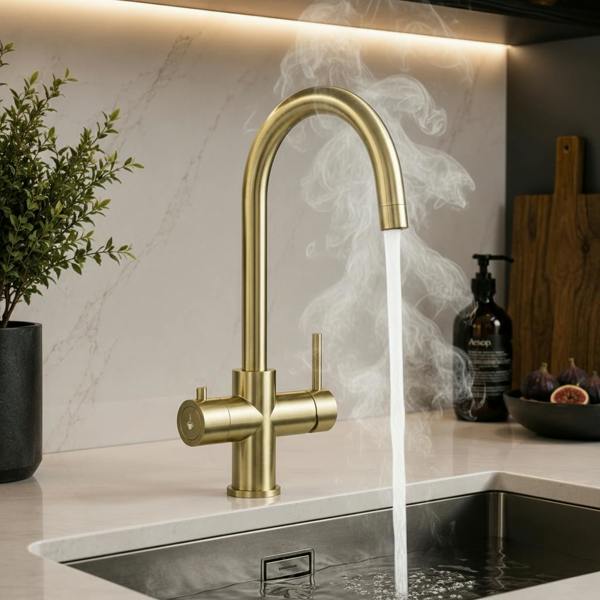 Brushed brass boiling water tap in a modern high end kitchen sink