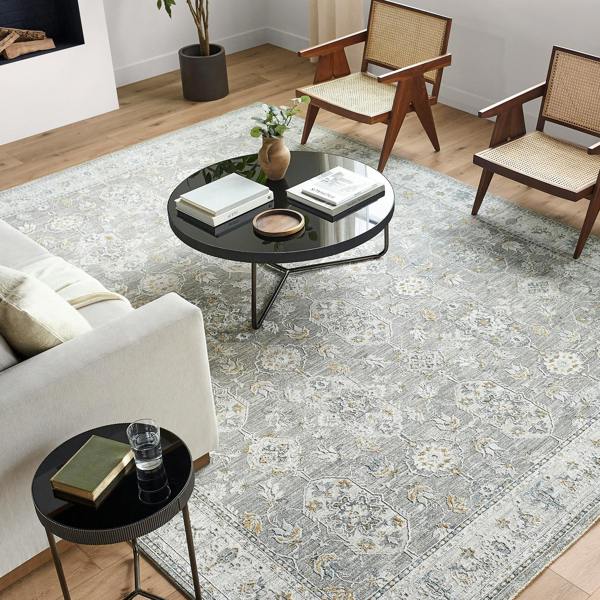 Livabliss Dresden-Vintage Grey Yellow Blue Traditional Boho Fringe Rug