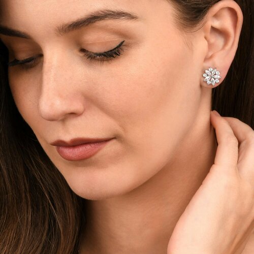 Zavana Silver Floral Stud Earrings for Women with Marquise and Round Cubic Zirconia stones