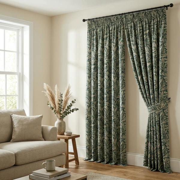 Lisbon made-to-measure curtains in Bottle Green, styled in a living room