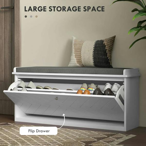 Shoe storage bench with flip drawer open, gray padded top, shoes inside