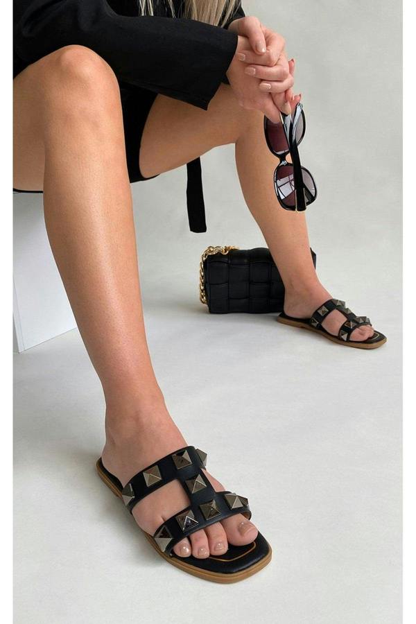 Audrey Studded Slip On Sandals - Black