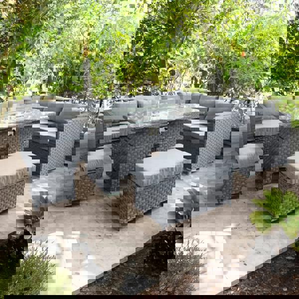 buxton rattan 9 seat rising firepit corner set in ocean grey with grey cushions