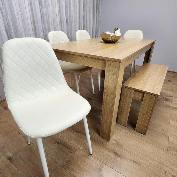 Kosy Koala Wooden Dining Table Set for 6 Oak Effect Table With 4 Cream Gem Patterned  Chairs and 1 Bench
