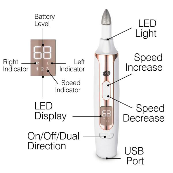 The Rio Precision Pro Electric Nail File offers professional nail care at home, with an LED display showing battery and speed, right/left direction indicators, speed controls, LED tip light, on/off/dual direction button, and USB port.