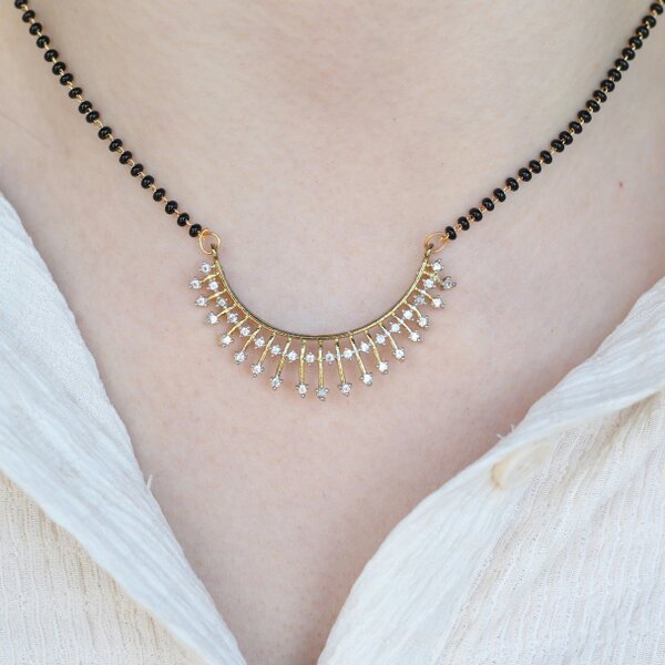 The Colourful Aura Indian Nazaria Gold Sunburst Zircon Mangalsutra Black Beads Pendant Necklace