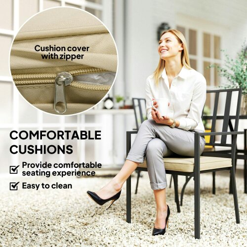 Wyld Haus Nonilu Metal Black and Cream 4 Seater Garden Dining Set With Cushions Stackable Chairs and Parasol Hole