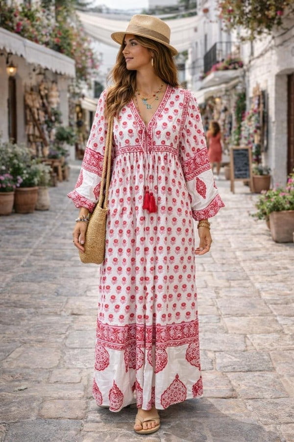 Amelia Red Floaty sleeve Folk Print maxi dress