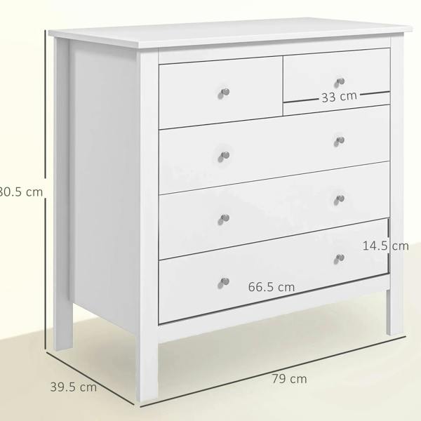 White 5-drawer dresser cabinet with metal knobs, shown from side with size view