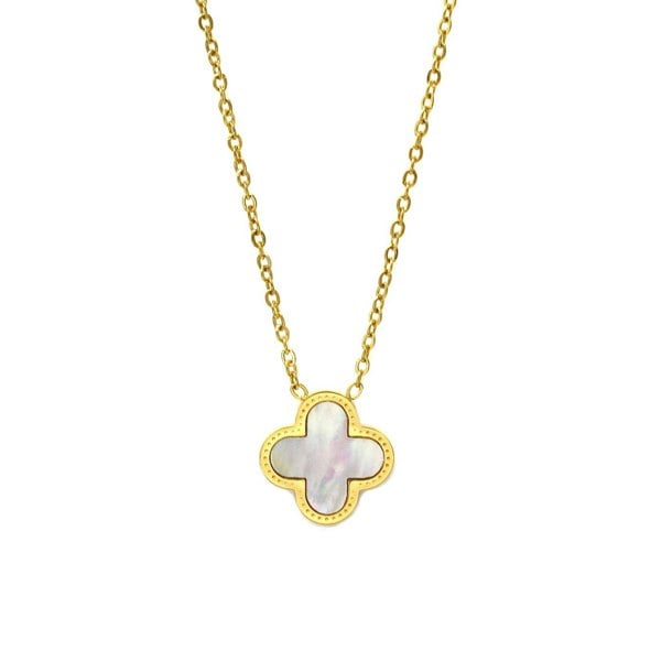 Say It With Clover Necklace - Stainless Steel (Gold Plated & Faux Pearl)