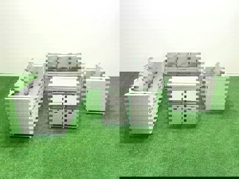 Fimous Wicker PE Rattan Sofa Garden Furniture Set with Oblong Coffee Table Armchair 2 Small Footstools Light Grey Mixed
