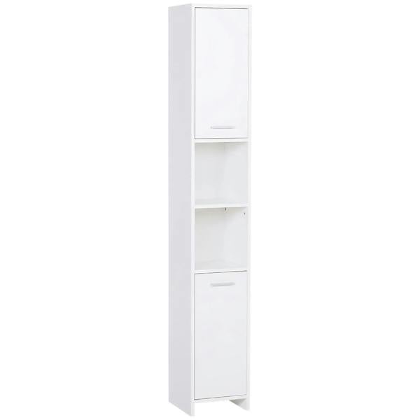 White tall bathroom storage cabinet with three adjustable shelves and two doors.